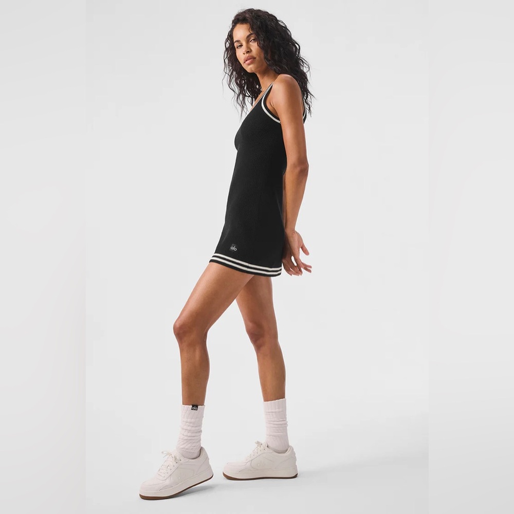 ALO Yoga Tennis Club Sweater Knit Mini Dress Black Ivory XS - Picture 3 of 7